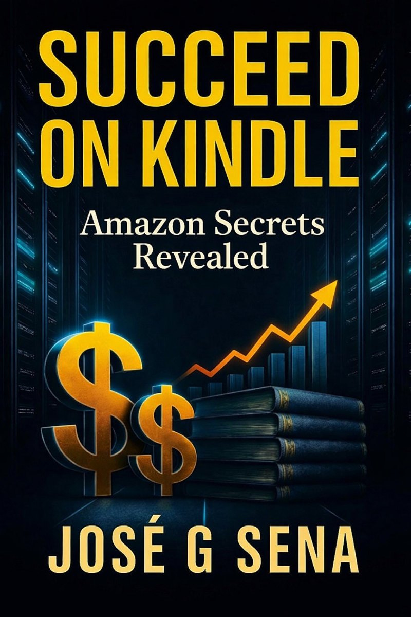 Cover of the book Succeed On Kindle: Amazon Secrets Revealed, by José G Sena: yellow title on a dark blue background, with golden dollar signs, a stack of books and a rising growth arrow.