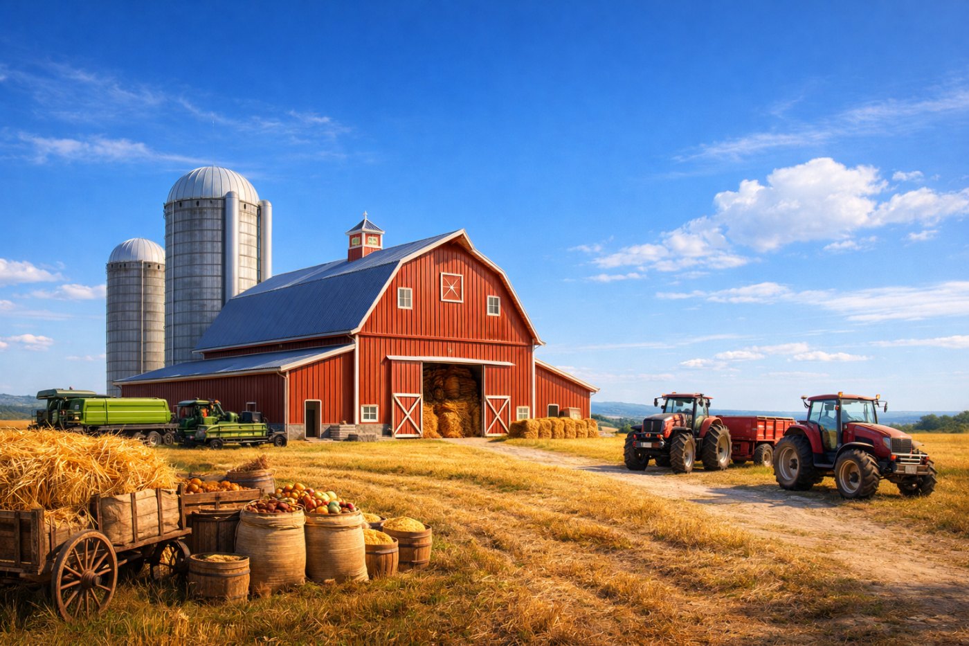 The Barn landscape: a large red barn with silos, two red tractors, two green combine harvesters and carts with sacks of grain and fruit in a golden harvest field, under a blue sky with clouds.