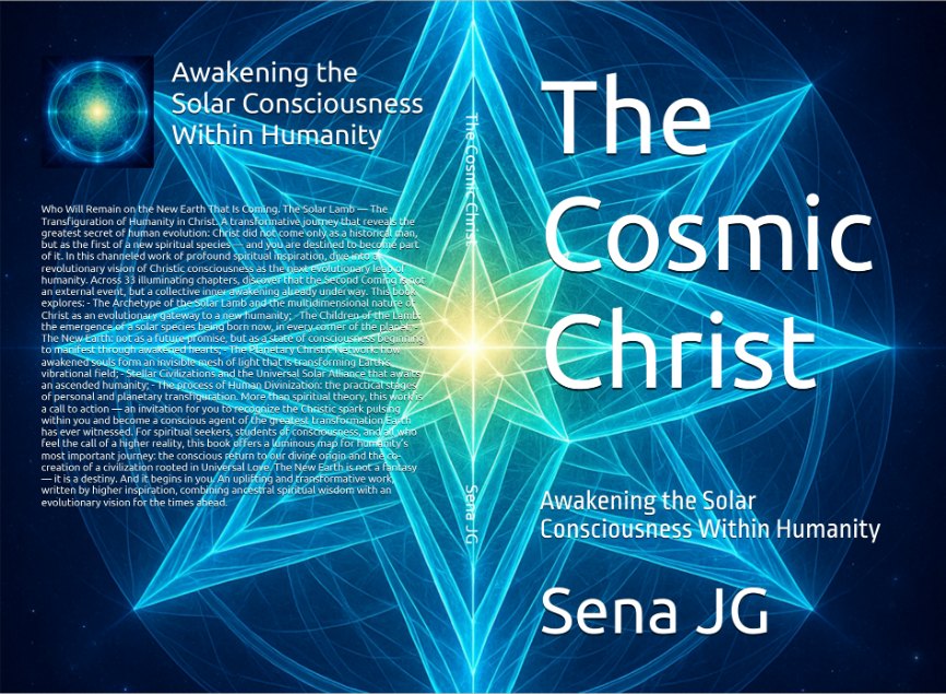 Open cover of the book The Cosmic Christ, by Sena JG: on the left, the back cover with the book's description; on the right, the front cover with the title over a luminous blue six-pointed star, the subtitle Awakening the Solar Consciousness Within Humanity, and the author name.