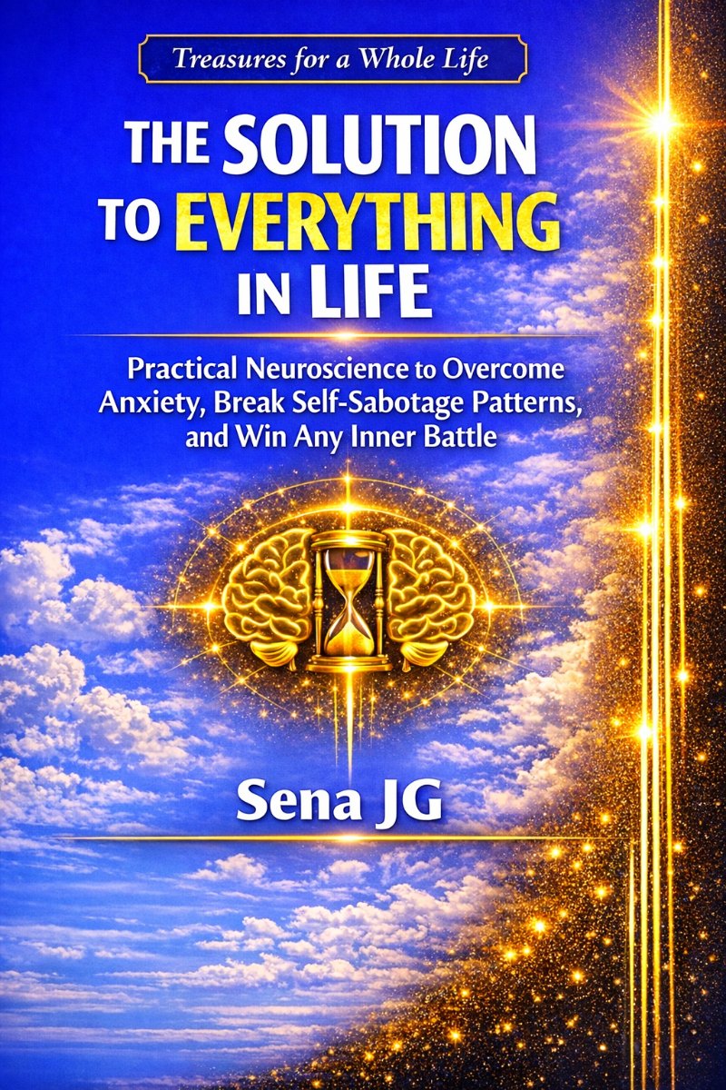 Cover of the book The Solution to Everything in Life, by Sena JG: a blue sky of clouds and golden light rays, with a golden brain and hourglass at the center; subtitle Practical Neuroscience to Overcome Anxiety, Break Self-Sabotage Patterns, and Win Any Inner Battle.