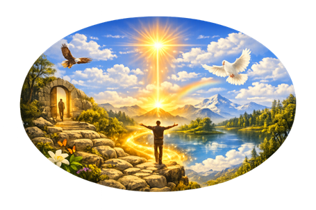 Oval illustration: a man with open arms on the rocks, facing a valley with a lake and mountains lit by the rising sun, with a ray of light coming down and a rainbow in the sky; on the left, a stone arch with another figure and an eagle in flight; on the right, a white dove; below, flowers and butterflies.